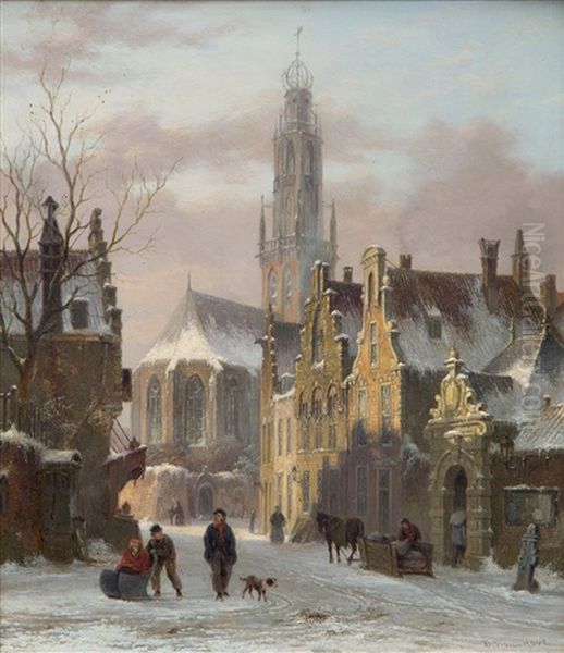 Square In Winter Near The Bakenesse Church In Haarlem, The Netherlands Oil Painting by Bartholomeus Johannes Van Hove