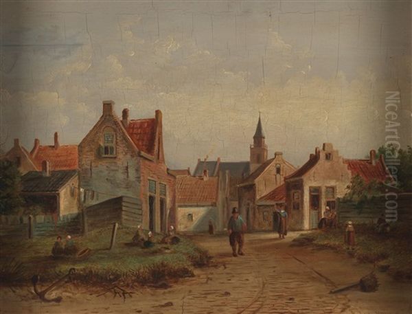 Niederlandische Stadtansicht Mit Personenstaffage Oil Painting by Bartholomeus Johannes Van Hove