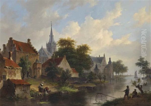 Fishermen Near The City's Riverbank Oil Painting by Bartholomeus Johannes Van Hove