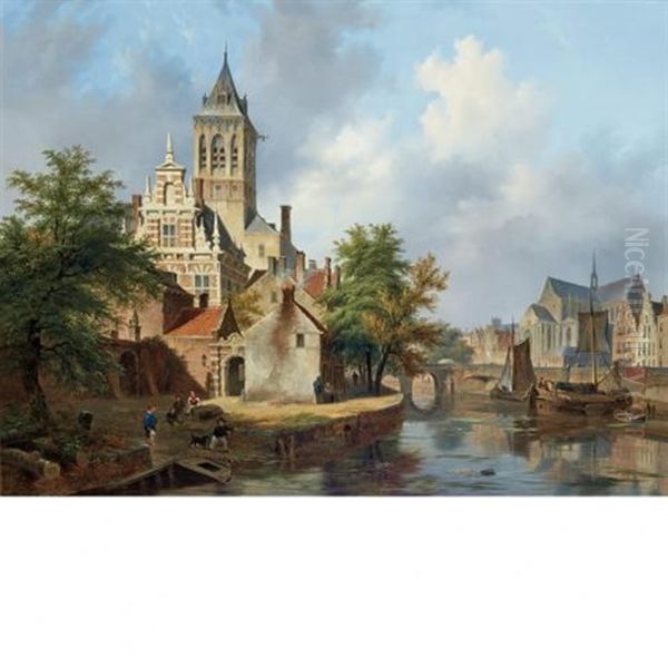 A View Of A Town Oil Painting by Bartholomeus Johannes Van Hove