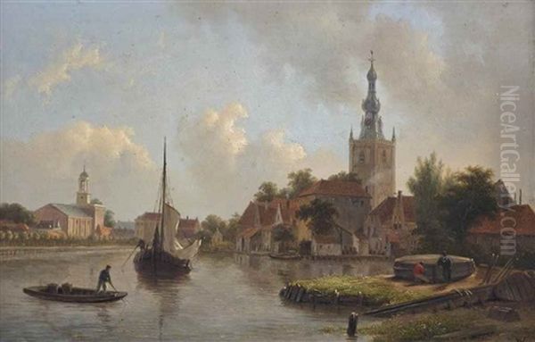 Overschie: Figures Repairing A Boat Along The River By Overschie Oil Painting by Bartholomeus Johannes Van Hove