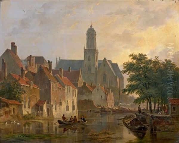 Vue D'une Ville En Hollande (brugges) Oil Painting by Bartholomeus Johannes Van Hove