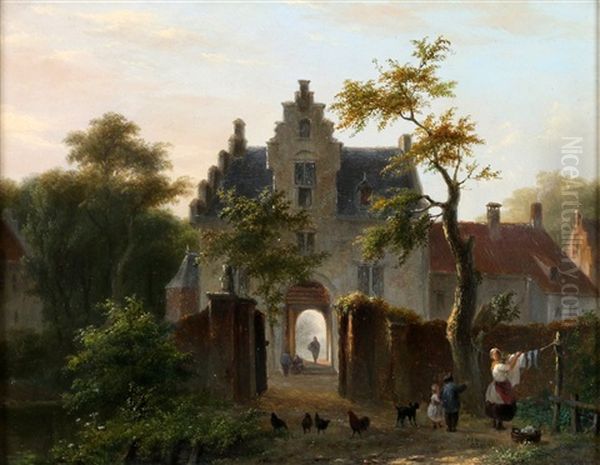 Zuid-hollands Stadsgezicht Met Vrouw Die De Was Op Hangt Oil Painting by Bartholomeus Johannes Van Hove