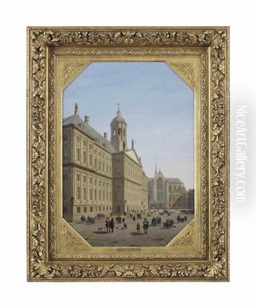 A Bustling Day In Front Of The City Hall On The Dam Square, The Nieuwe Kerk In The Distance, Amsterdam Oil Painting by Bartholomeus Johannes Van Hove