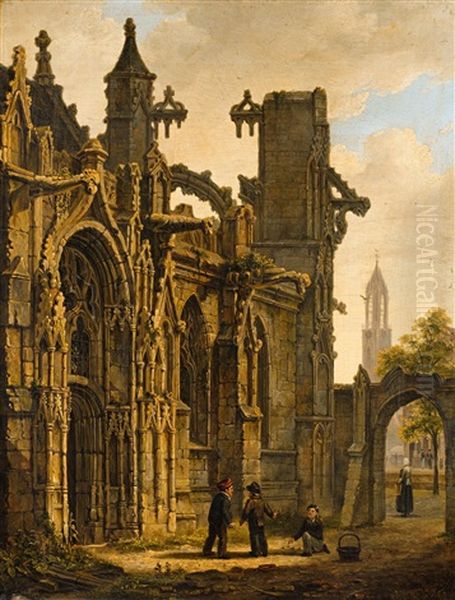 Playing Children In Front Of A Gothic Church Oil Painting by Bartholomeus Johannes Van Hove