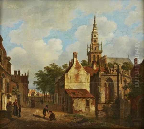 Hollandsk Stadsvy Oil Painting by Bartholomeus Johannes Van Hove