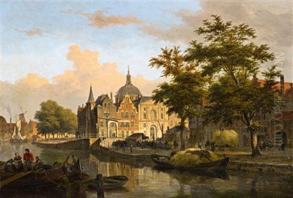 View Of A Dutch City Oil Painting by Bartholomeus Johannes Van Hove