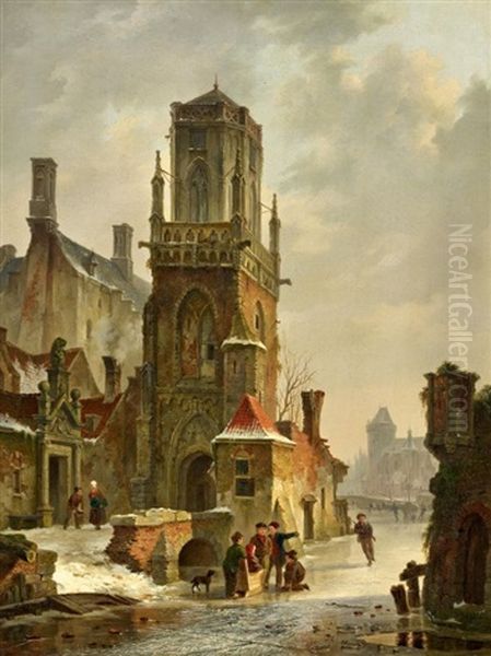 Hollandische Stadtansicht Mit Personen Auf Dem Zugefrorenen Kanal Oil Painting by Bartholomeus Johannes Van Hove