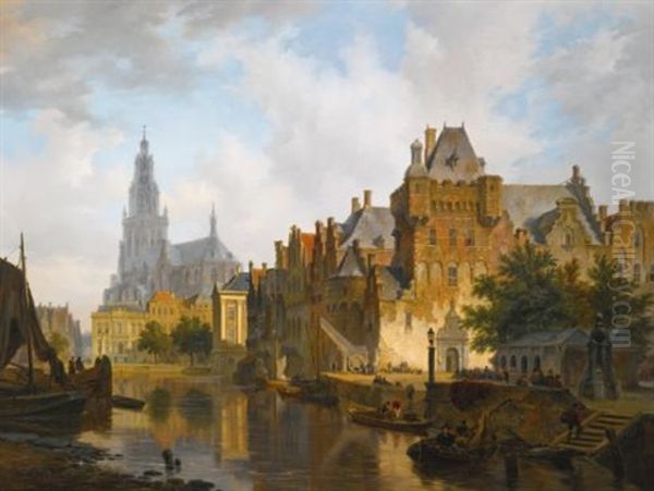 A Capriccio View Of The Hofvijver, The Hague Oil Painting by Bartholomeus Johannes Van Hove