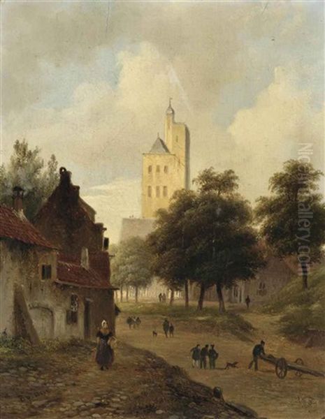 Daily Activities In A Dutch Town, A Tower Beyond Oil Painting by Bartholomeus Johannes Van Hove