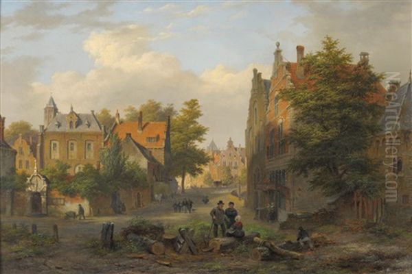 View Of A Town With Figures In Conversation Oil Painting by Bartholomeus Johannes Van Hove