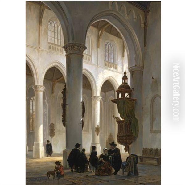 Figures In The Grote Kerk Or The St. Jacobskerk, The Hague Oil Painting by Bartholomeus Johannes Van Hove