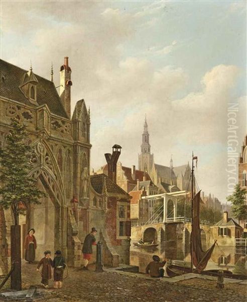 A Capriccio View Of A Dutch Town With Children Playing Hoop Oil Painting by Bartholomeus Johannes Van Hove