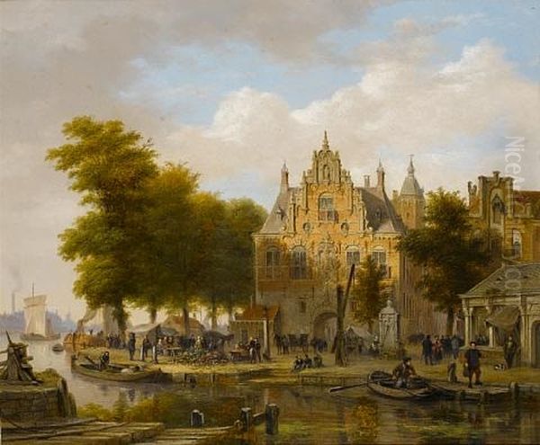 A Market Scene In Front Of A Town Hall Oil Painting by Bartholomeus Johannes Van Hove