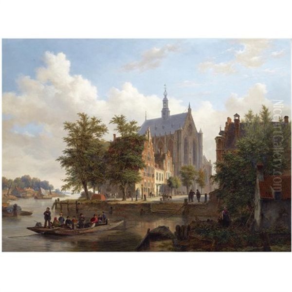 A Ferry Crossing The Binnen Spaarne Canal In Haarlem, The Sint Bavo Church In The Background Oil Painting by Bartholomeus Johannes Van Hove