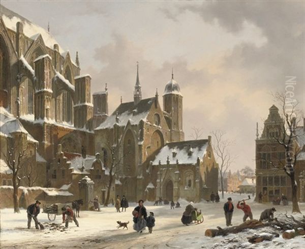 Daily Activities Near A Sunlit Church In Winter Oil Painting by Bartholomeus Johannes Van Hove