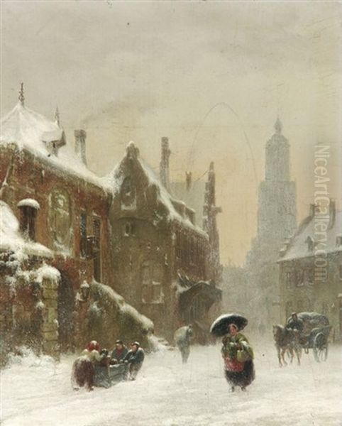 Wintertag, Buntes Treiben Auf Verschneiter Strase In Einer Hollandischen Stadt Oil Painting by Bartholomeus Johannes Van Hove