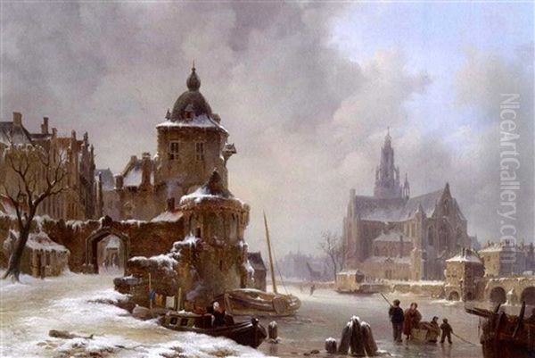 A View Of A Town In Winter Oil Painting by Bartholomeus Johannes Van Hove