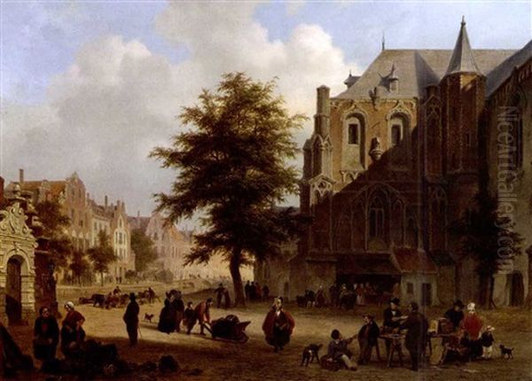 A Town Scene With Figures On A Market Square Oil Painting by Bartholomeus Johannes Van Hove