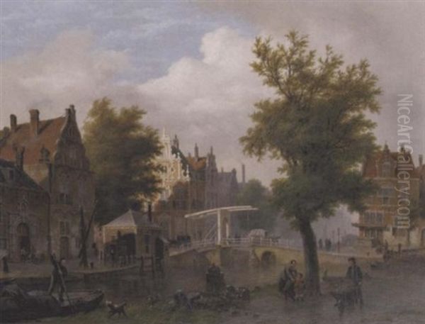 After The Rain: Townsfolk By A Drawbridge Over A Canal, Amsterdam Oil Painting by Bartholomeus Johannes Van Hove