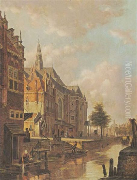 A View Of A Dutch Town Oil Painting by Bartholomeus Johannes Van Hove