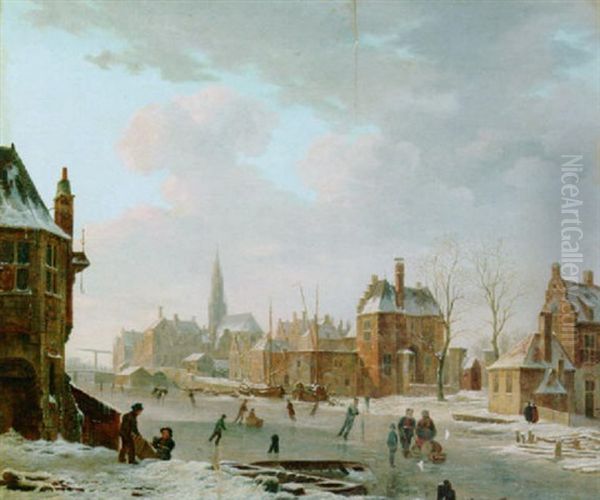 A Town Scene With Figures On A Frozen Canal Oil Painting by Bartholomeus Johannes Van Hove