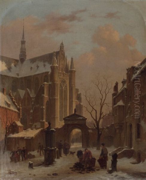 A Cappriccio View Of The Hooglandse Kerk, Leiden, In Winter Oil Painting by Bartholomeus Johannes Van Hove