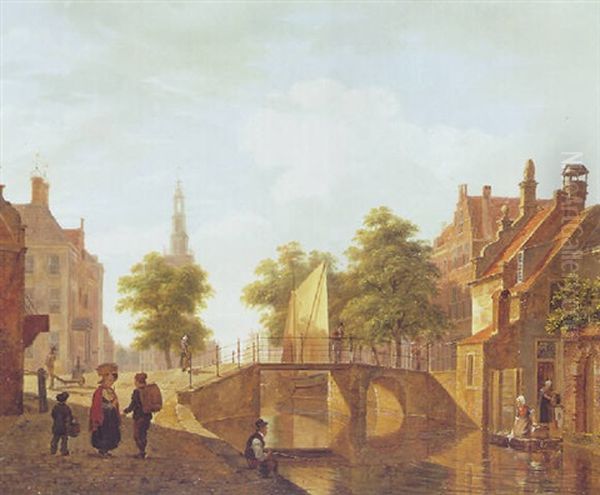 View Of A Dutch Town (amsterdam?) Oil Painting by Bartholomeus Johannes Van Hove