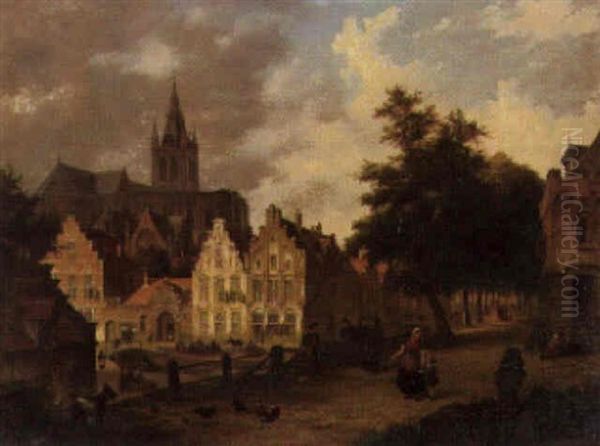 Figures By A Canal In Delft, With The Prinsenhoff Beyond Oil Painting by Bartholomeus Johannes Van Hove