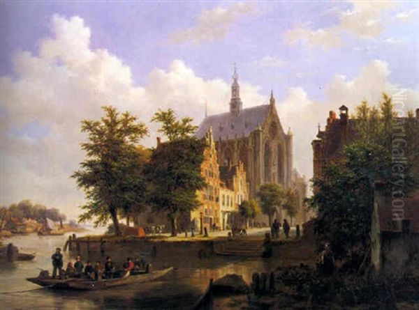 A Ferry Crossing A Canal In Haarlem Oil Painting by Bartholomeus Johannes Van Hove