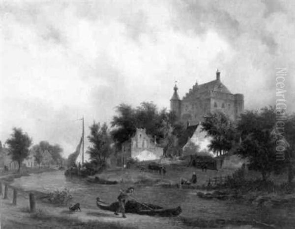 Kasteel Omringd Door Huizen Aan Een Riviertje Oil Painting by Bartholomeus Johannes Van Hove