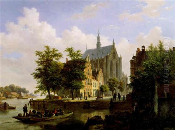 A Ferrry Crossing A Canal In Haarlem by Bartholomeus Johannes Van Hove