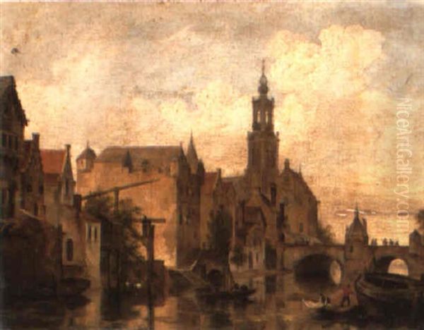 A Dutch River Town With Figures In A Punt Before A Bridge Oil Painting by Bartholomeus Johannes Van Hove