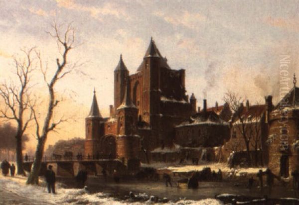 Figures On A Frozen Canal, Haarlem Oil Painting by Bartholomeus Johannes Van Hove