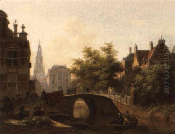 A View Of A Dutch Town Oil Painting by Bartholomeus Johannes Van Hove