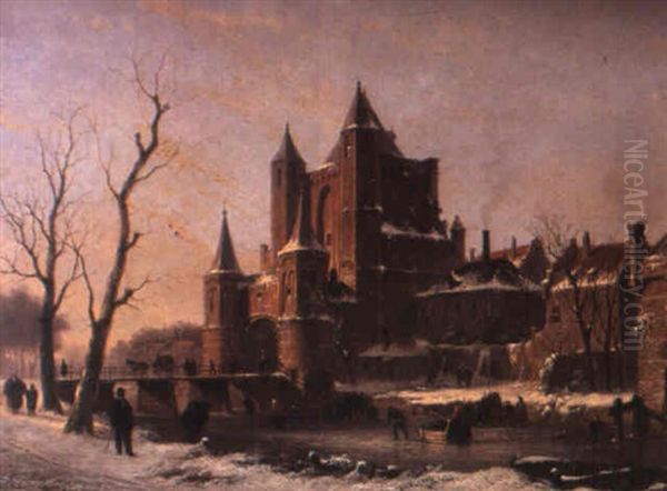 A Dutch Winter Town Scene Oil Painting by Bartholomeus Johannes Van Hove