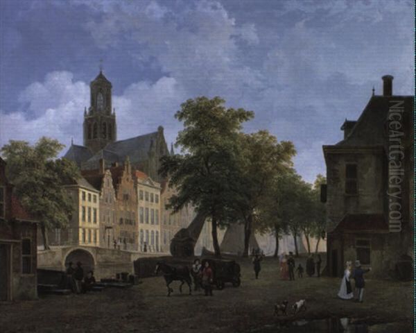 A Street Scene In Amsterdam Oil Painting by Bartholomeus Johannes Van Hove