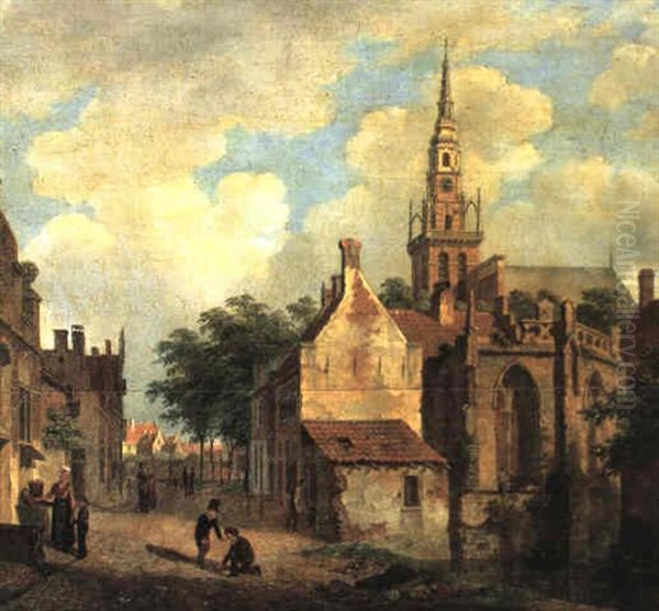 Figures In A Street Before A Dutch Town Oil Painting by Bartholomeus Johannes Van Hove