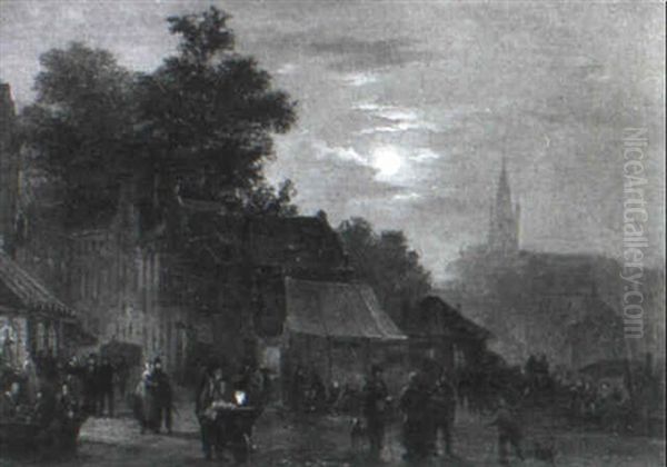 Market Scene By Moonlight Oil Painting by Bartholomeus Johannes Van Hove