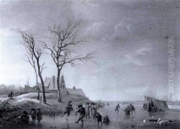 Frozen Winter Landscape With Skaters On The Edge Of Town Oil Painting by Bartholomeus Johannes Van Hove