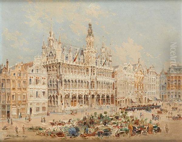 Marche Aux Fleurs A La Grand Place De Bruxelles Oil Painting by Franz Van Den Hove