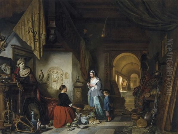 Arranging The Furniture - Le Depart Du Mobilier Oil Painting by Hubertus van Hove