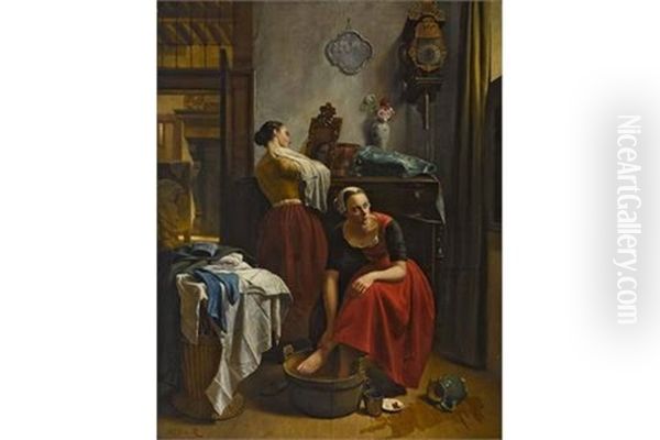 Zwei Junge Frauen Bei Der Toilette Oil Painting by Hubertus van Hove