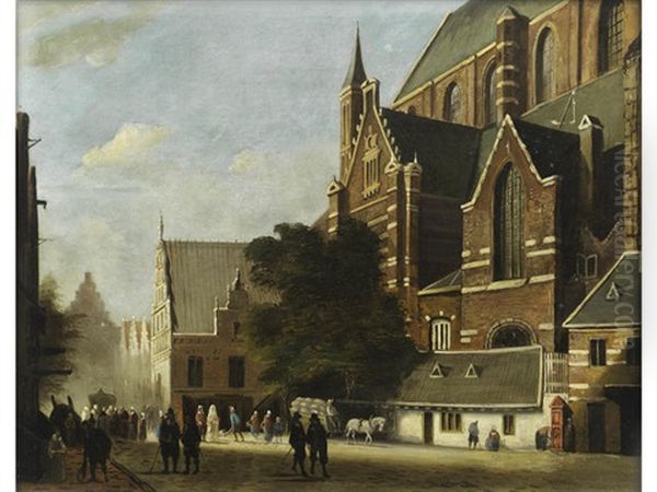 A Dutch Street Scene Oil Painting by Hubertus van Hove