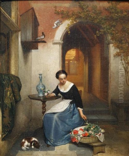 Lady Arranging Flowers Oil Painting by Hubertus van Hove