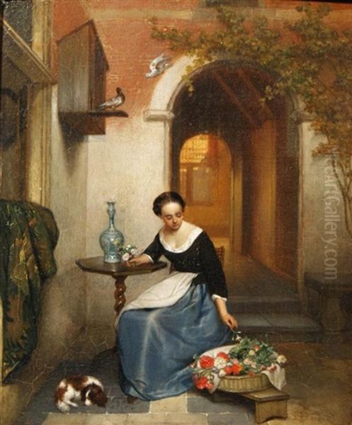 Lady Arranging Flowers Oil Painting by Hubertus van Hove