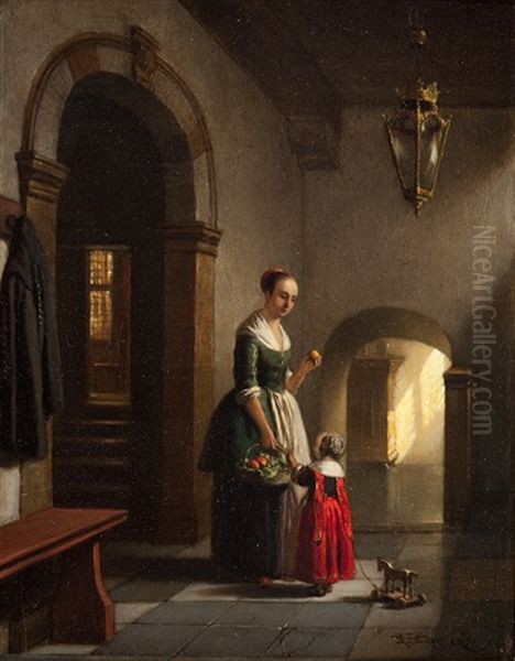 A 17th Century Interior With Mother And Child Oil Painting by Hubertus van Hove