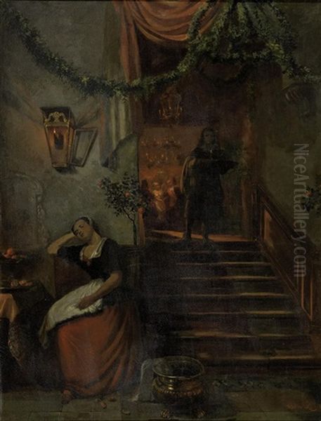 Das Schlafende Diensmadchen Vor Dem Festsaal Oil Painting by Hubertus van Hove