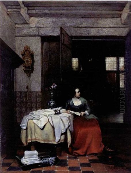 Lady In An Interior Oil Painting by Hubertus van Hove