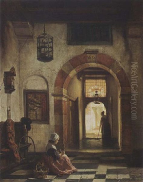 Interior With A Maid Feeding A Pigeon Oil Painting by Hubertus van Hove